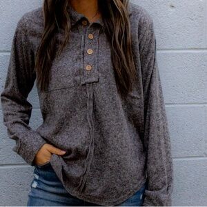 BiBi Heathered grey Button-Front Pullover